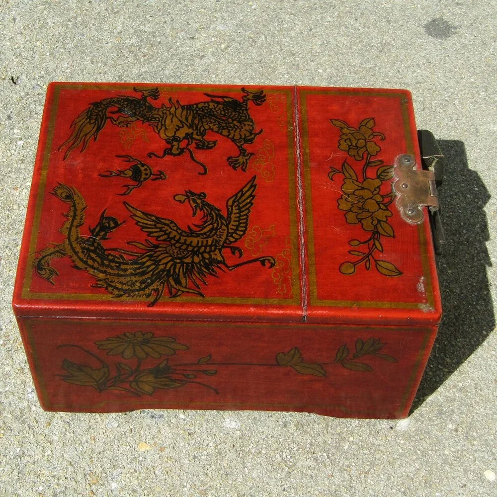 Vintage Chinese Red Lacquer Vanity Jewelry Box with Mirror & Dragon Motif